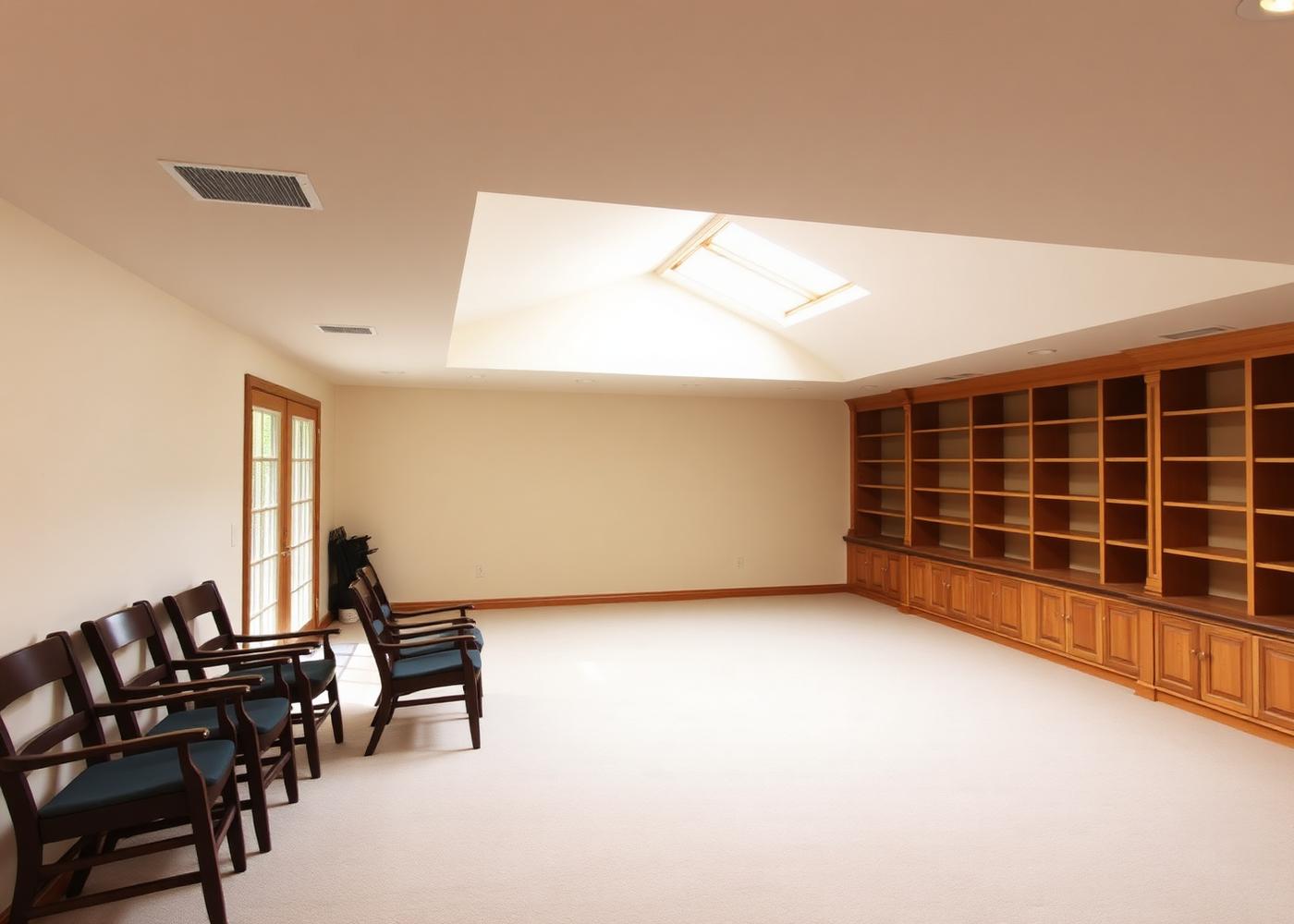 Open lower-level room, formerly a library, with empty floor-to-ceiling oak bookshelves, painted drywall walls, skylight, and its own glass-door entrance