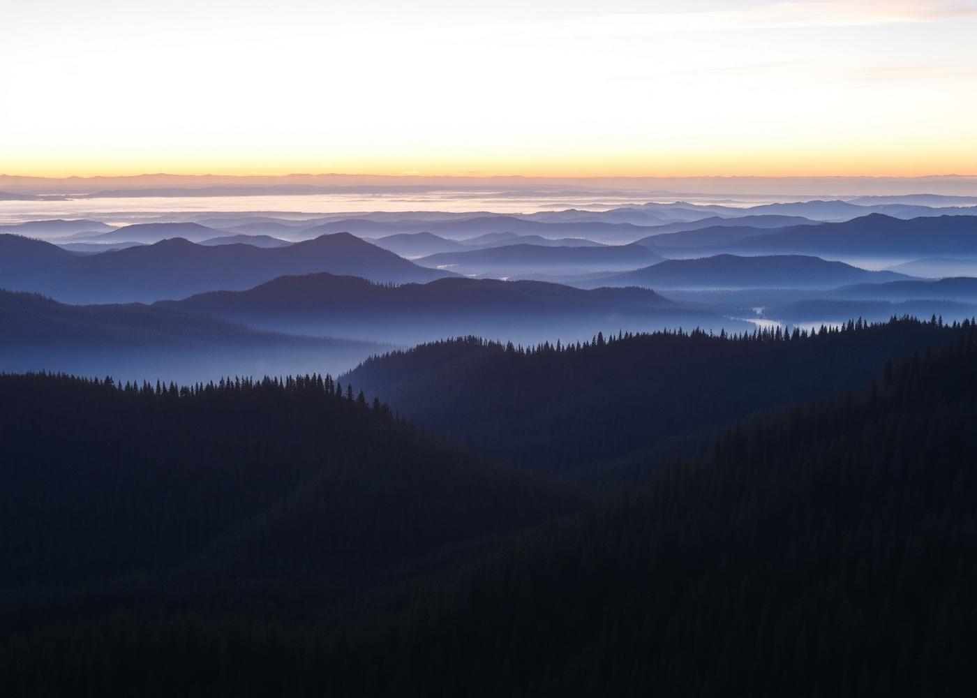 Layered forested ridgelines of protected conservation land at sunrise