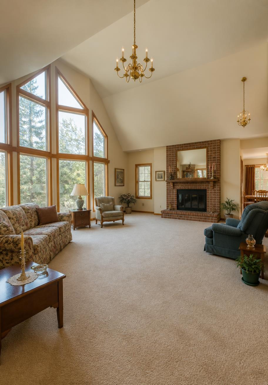 Living room with painted drywall walls, vaulted ceiling, oak-trimmed window wall facing evergreens, brick fireplace, and traditional 1980s furnishings