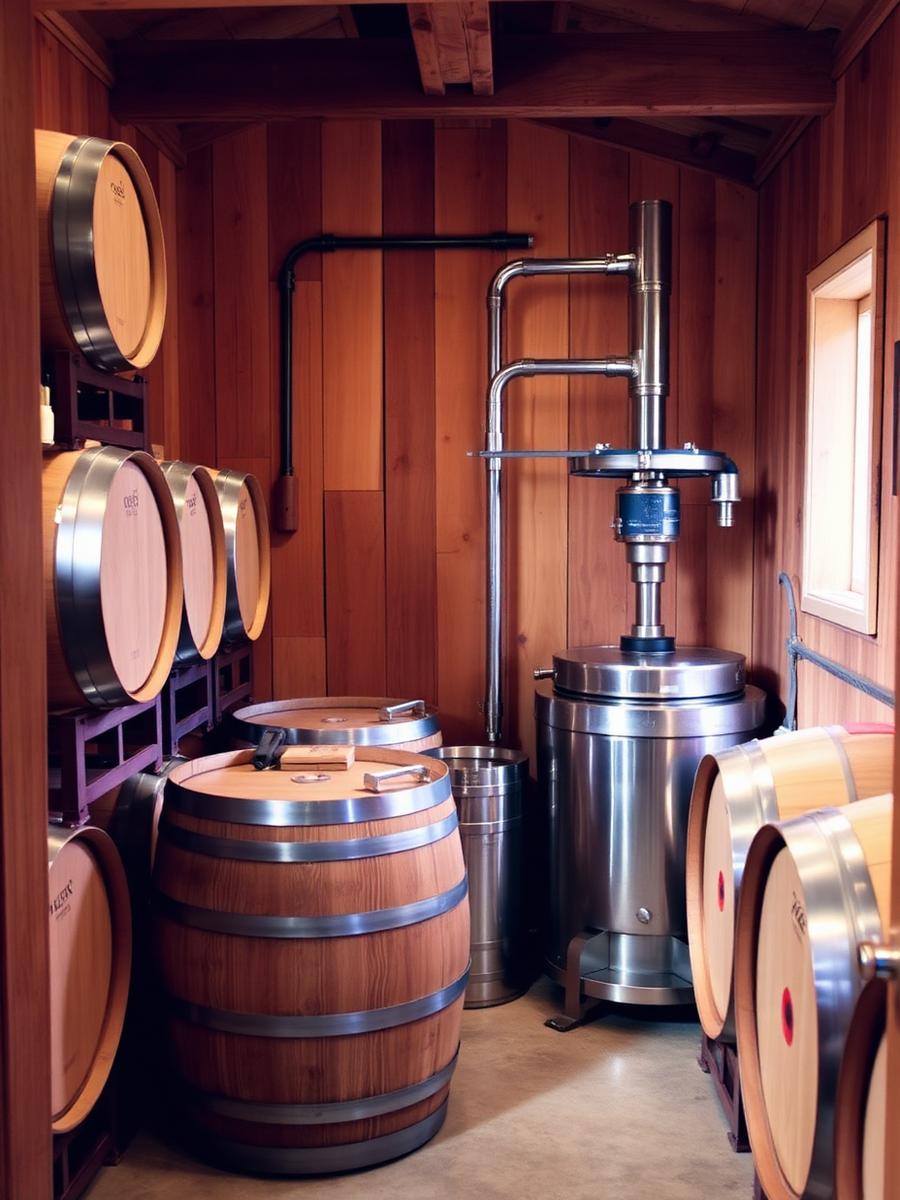 On-site winemaking room with oak barrels and stainless press equipment